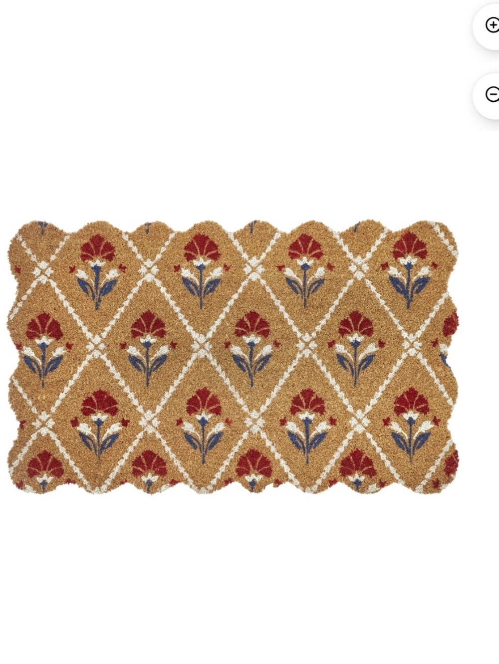 Scalloped Tan Doormat with Red & Blue Floral Lattice